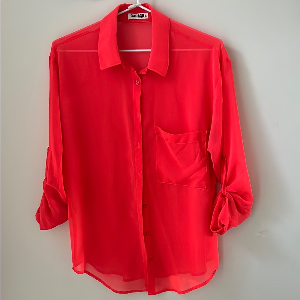 Garage Sheer Coral Button-Up Blouse